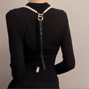 Pearl and Black Leather Strap suspenders